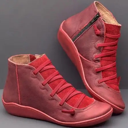 Красный Женские зимние ботинки на меху; botas mujer; женские зимние ботинки; весенние ботильоны из искусственной кожи на плоской подошве; женские короткие ботинки коричневого цвета; Botas - Цвет: Красный