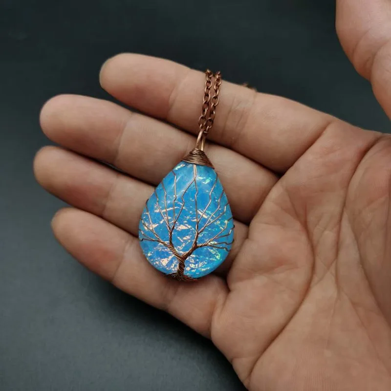 

New Energy Stone Copper Wire Alloy Wrapped Water Drop Tree of Life Chain Pendant Necklaces Jewelry Gift