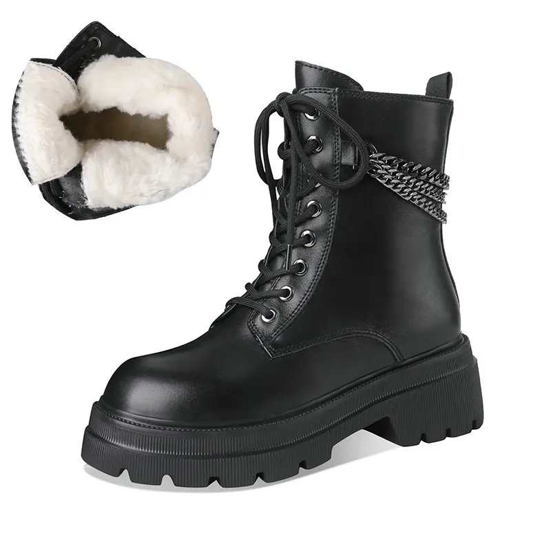 

2020 Winter Genuine Leather Pure Wool Women's Shoes Round Toe Bottom Martens Boots Wool Warm Snow Boots