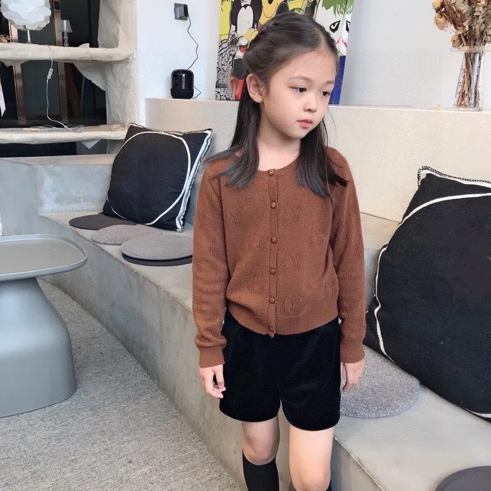 

Kids Cardigans Solid Brown Colour Cherry Pattern Knitted 90% Wool 10% Wool Cashmere Girls Outerwear
