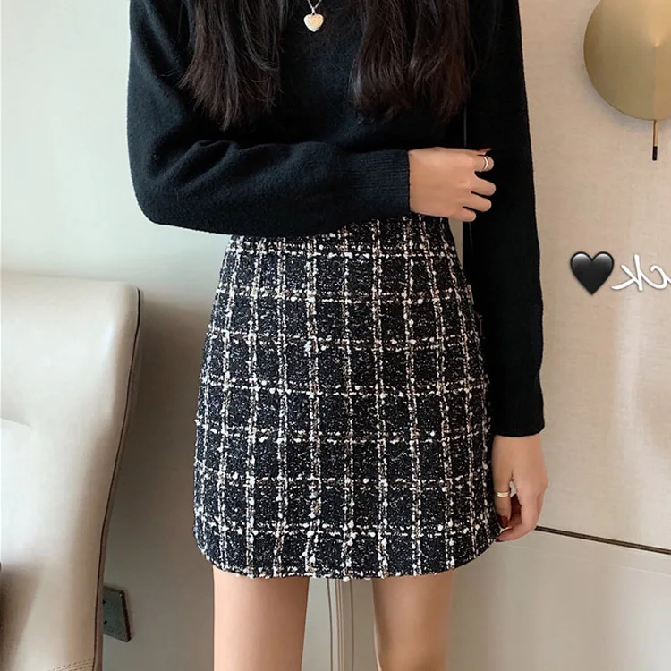 

Zoulv Autumn Winter Mini Hip Skirt Plus Size Skirt Retro Small Fragrance Plaid Fashion Joker Classic Ladies A-line Skirt Bottoms