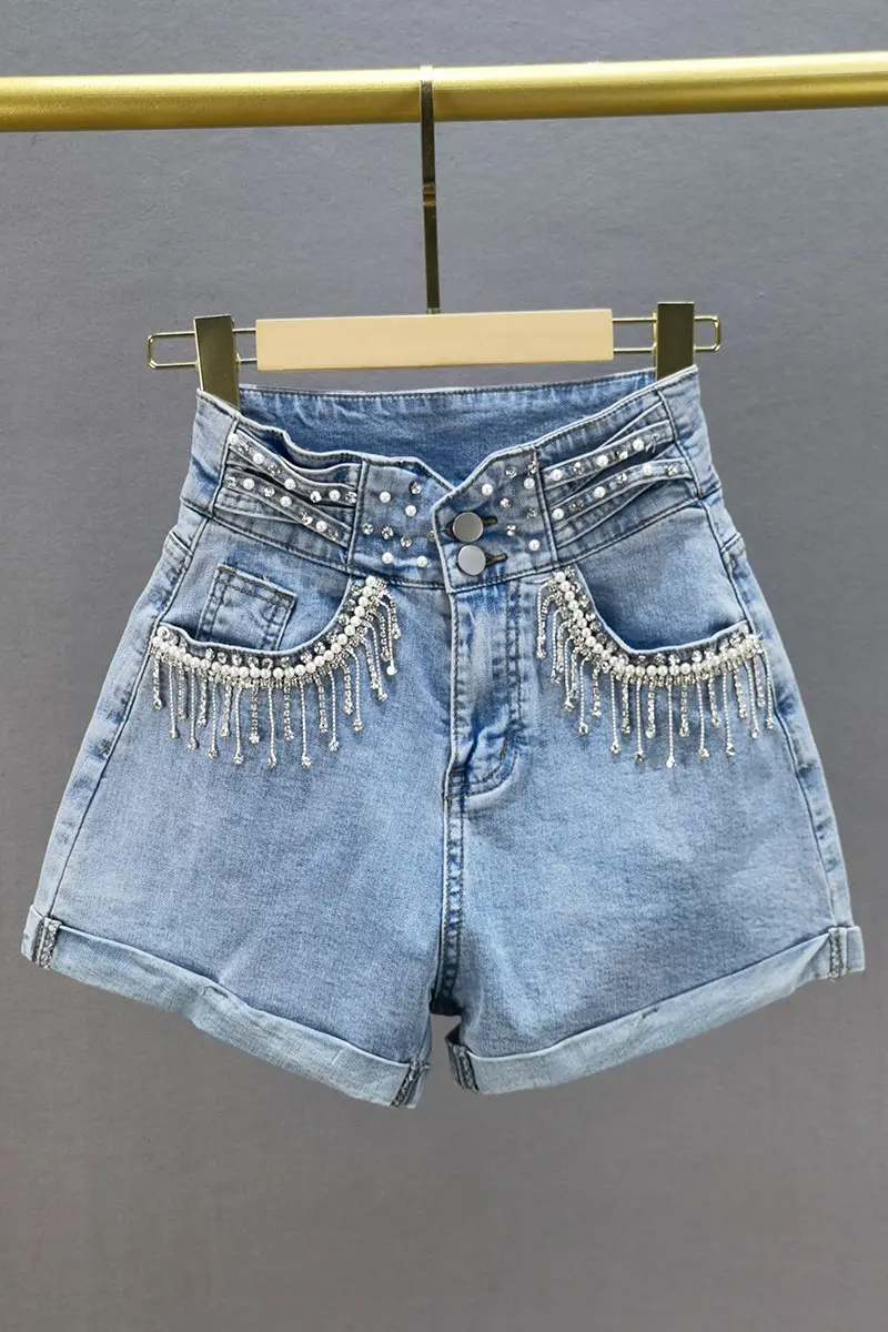 

Female Elegant Fashion New Diamonds Chains Blue Denim Shorts 2021 Summer New High Waist Elastic Slim Flanging Tassel Short Pants