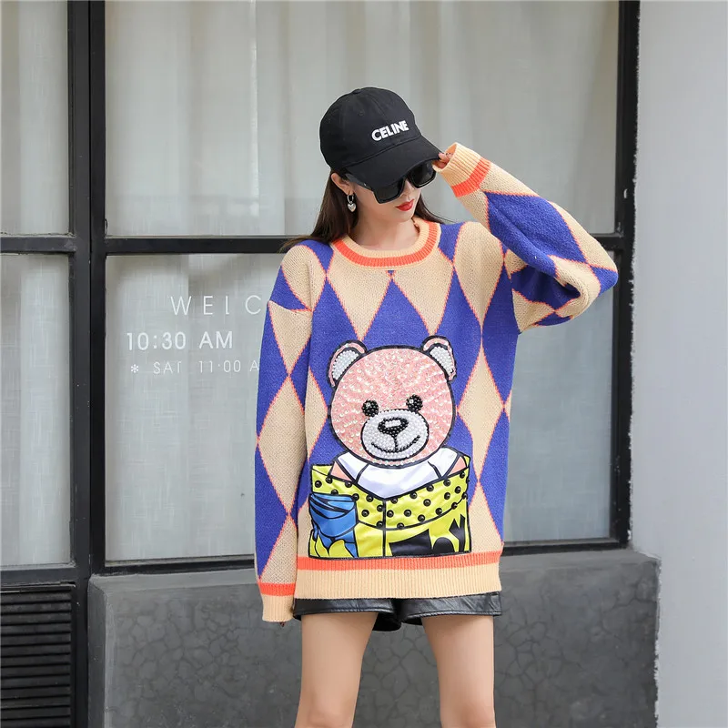 

DALMAZZO 2021 Fall Winter Women Pullover Bulky Long Sweater High Quality Knitted Print Pattern Sequins Thick Warm Tops Femme