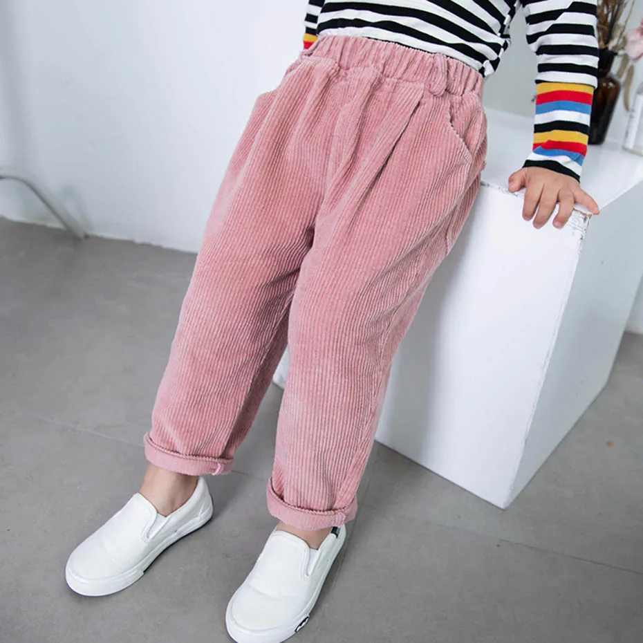 Вельветовые брюки для девочек однотонные спортивные с эластичным поясом детские