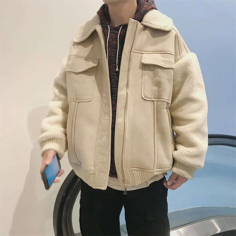 Lamb Wool Coat Men's Winter Ins Fashion Brand Hong Kong Style Thickened Korean Style Trendy Loose Short Lovers Wild Cotton