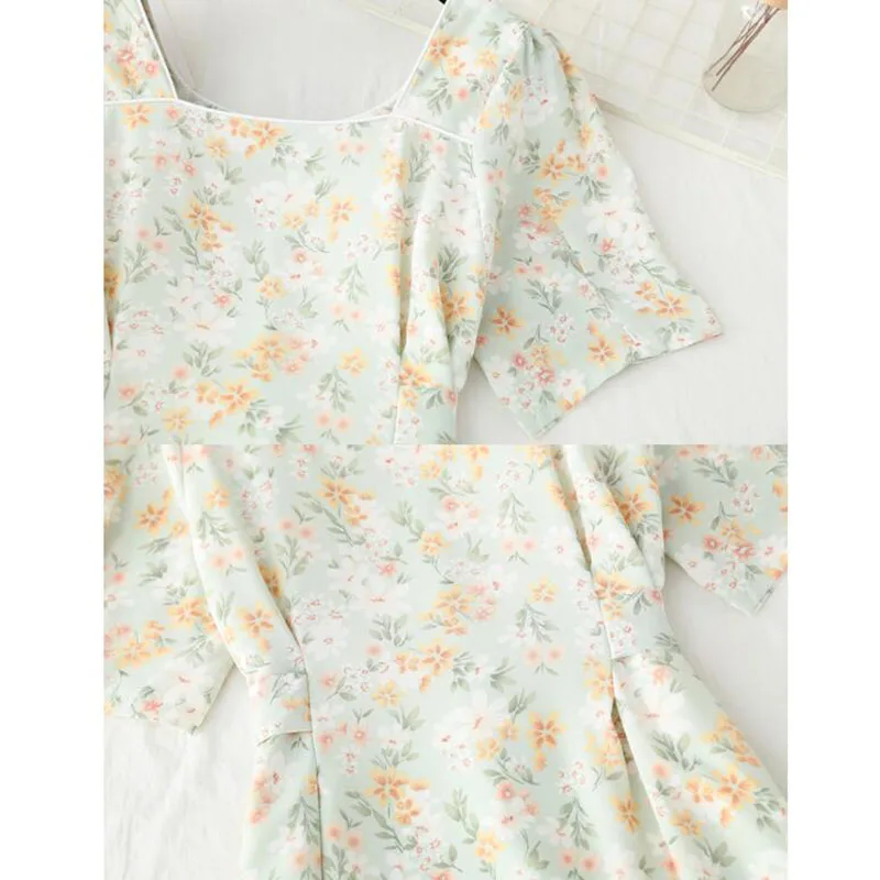 

Women Elegant Floral Long Dress Chic Vintage Square collar Slim Sweet Dress 2021 Short Sleeve Summer Dresses Female Vestidos