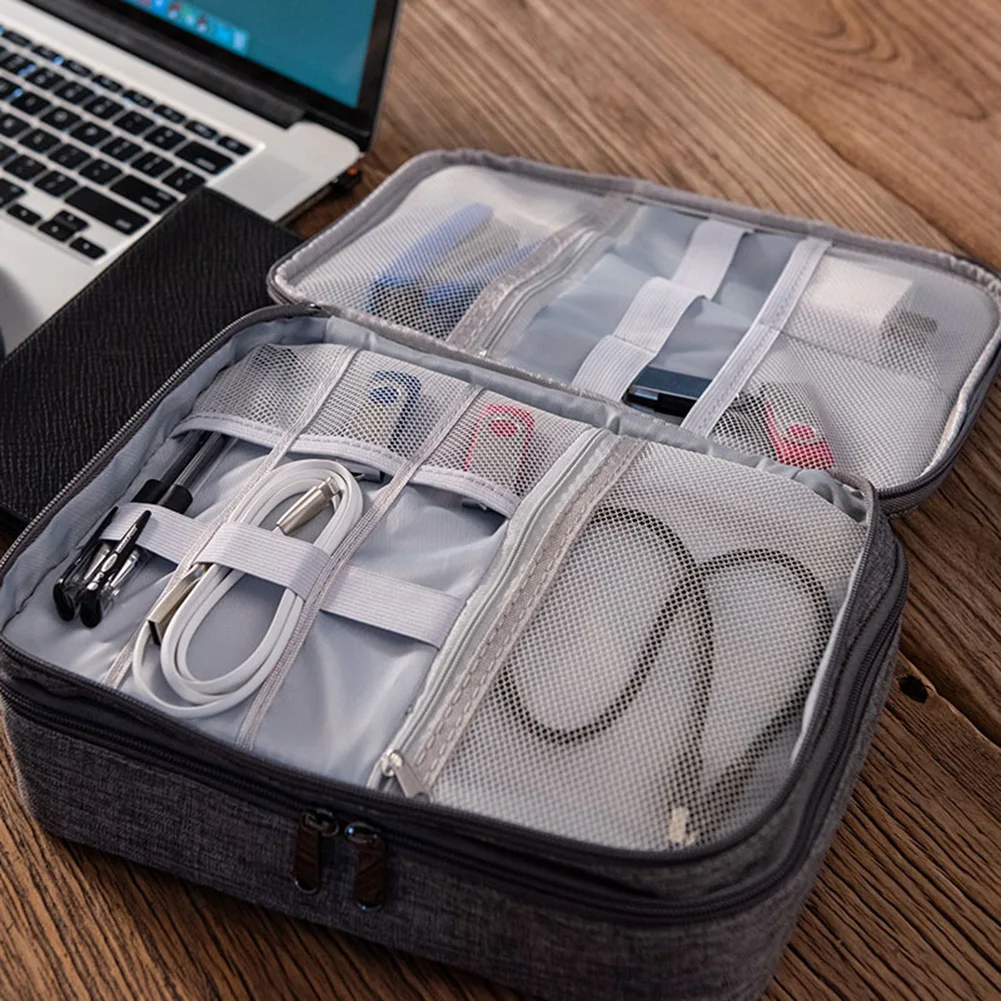 

3-Layer Electronics Storage Bag Polyester Multi-Functional Digital Devices Organizer Data Cable Case