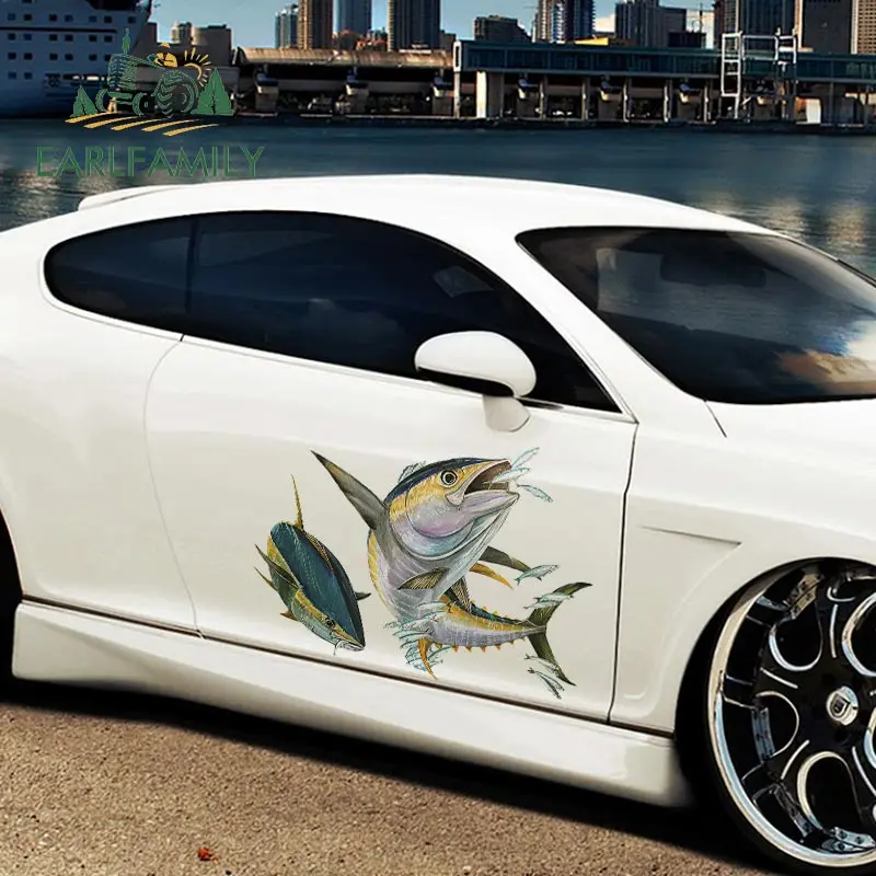 EARLFAMILY 43 см x 30 4 Автомобильная наклейка ЖЕЛТОГО ТУНЦА плавник летающая рыба 3D