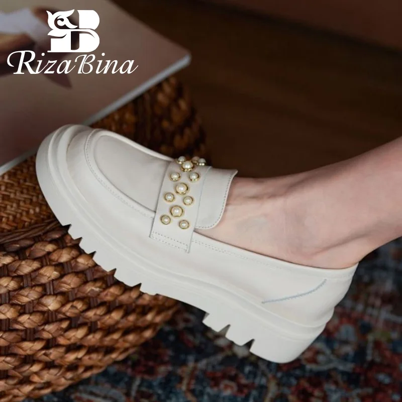 

RIZABINA Размеры; Большие размеры 33-43 и выше, женские туфли-лодочки из натуральной кожи с Бисером Модные Платформа, Высокий каблук обувь для женщ...