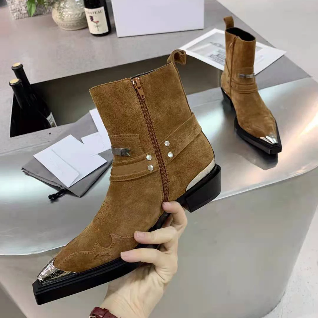 

Vallu 2021 full leather retro sassafras color comfortable and versatile high-end buckle casual office dual-use short boots