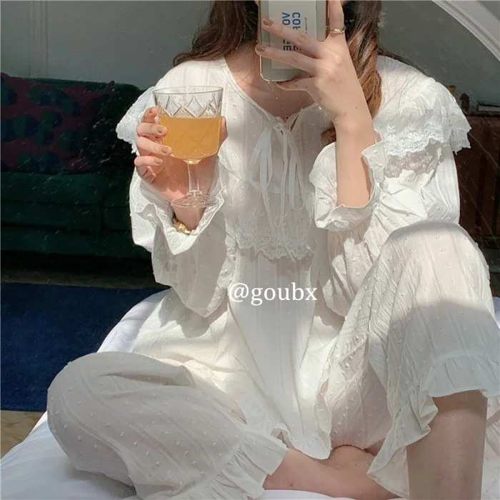 

2021autumn New Women's Fashionable Stylish Sweet Cute Lace Pajamas Home Wear Suit Two-Piece Set