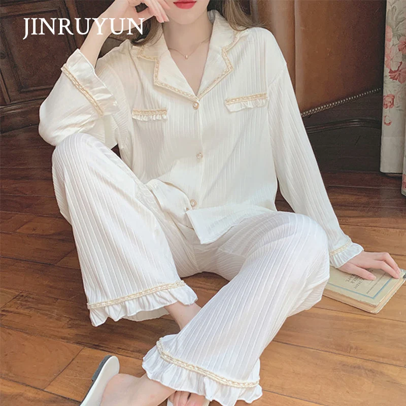 

2021 New Pajama setspajamas for women casual Long Sleeve nightwear 2 Pieces home Clothes 100% sleepwear cotton spring and autumn