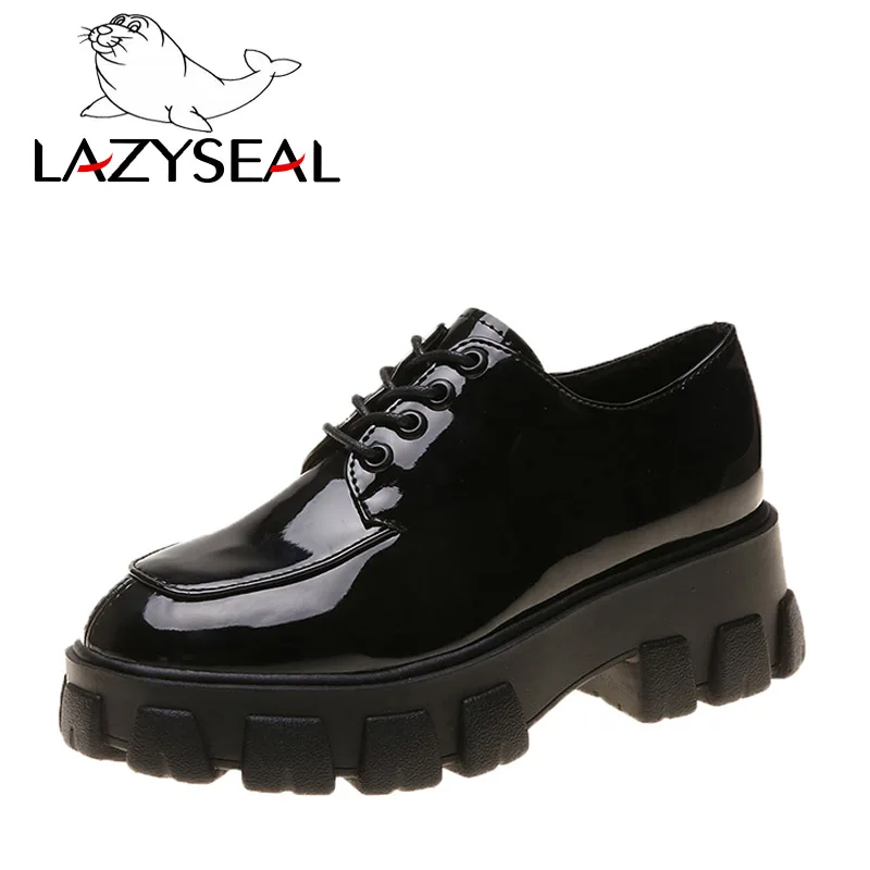 LazySeal обувь из лакированной кожи на платформе; женская обувь на шнуровке; обувь с круглым носком на толстой подошве; повседневная женская обувь; zapatos mujer - Цвет: Black
