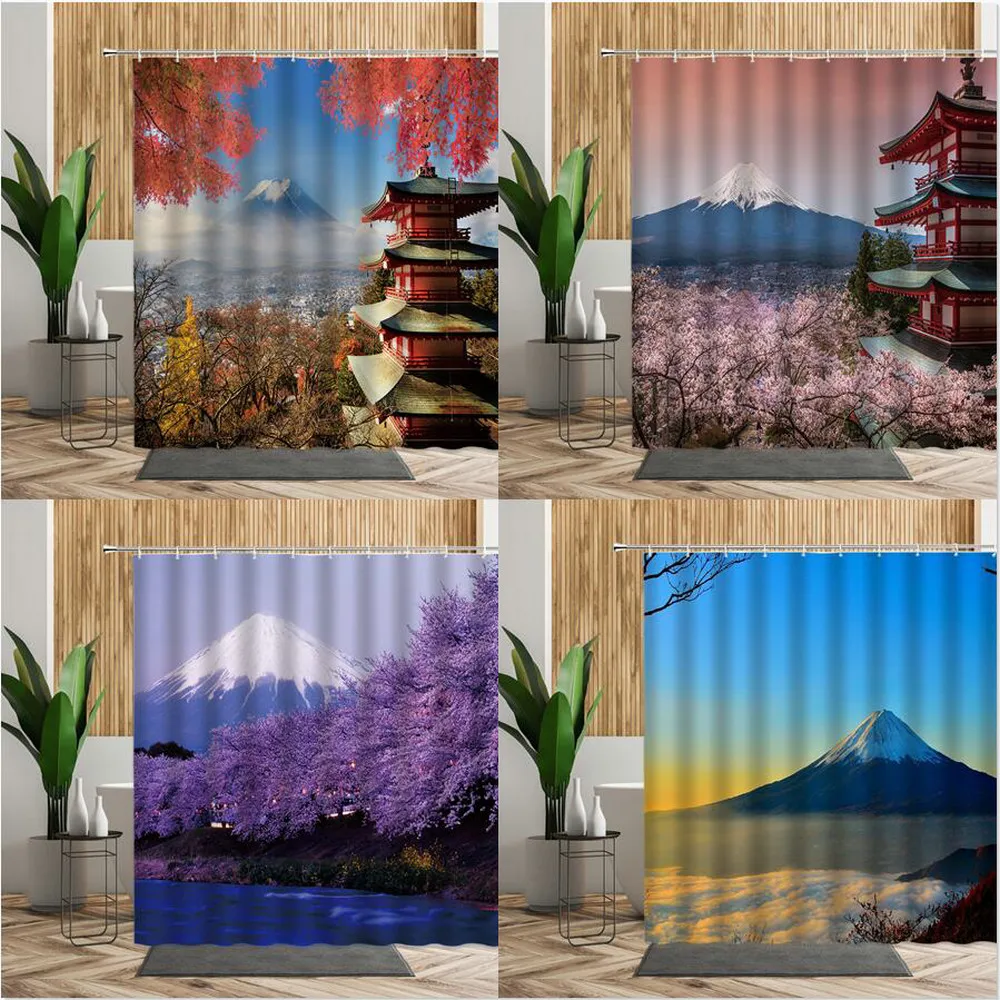 

Japan City Landscape Shower Curtain Cherry Blossom Japanese Mount Fuji Scenic Bath Screen Wall Cloth Bathroom Curtain Home Decor
