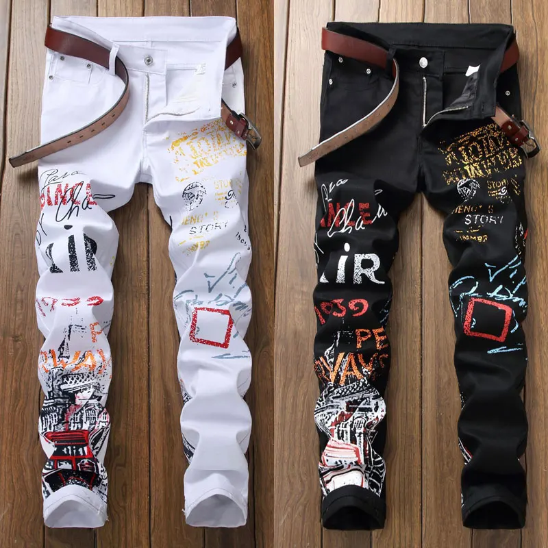 

Spring Autumn New Fashion Brand Denim Designer Moto White Black Bike Straight Jeans Men Hip HopP Punk Rock Streetwear Trouers