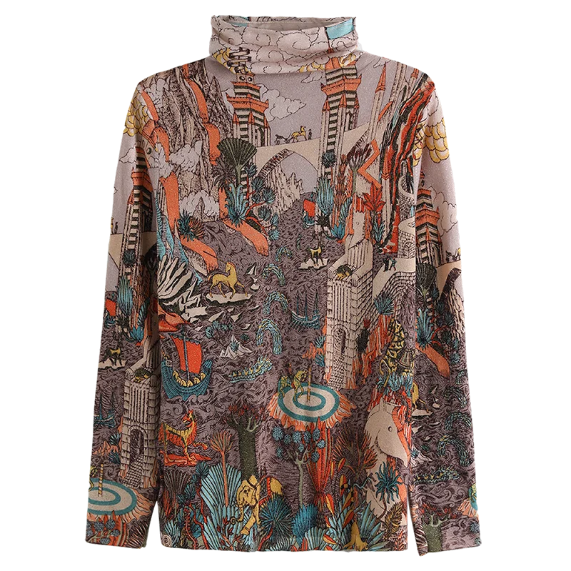 Женская обувь в винтажном стиле Свитер с принтом осень-зима цветочным джемпер