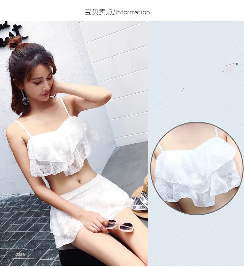 

Women's Sexy White Lace 3 Piece Bikini Swimwear Sexy Swim Suit Skirt Separate Womens Plus High Waist Bikinis