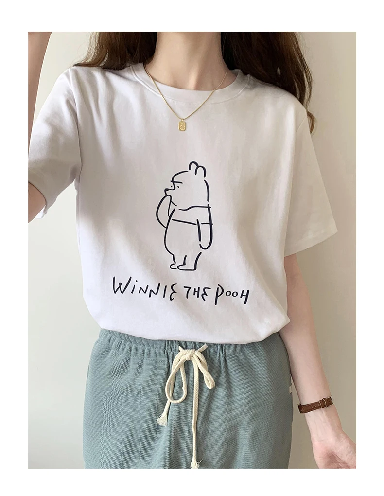 

Letter Bear Printed Solid Color round Neck Short Sleeves T-shirt Summer New Simple Loose Inner Wear Bottoming Shirt Cotton Top