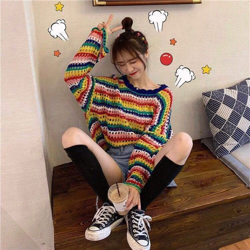 HOUZHOU Rainbow Women Sweetshirts Vintage Mesh Clothes Cute Knitted Top Oversize Long Sleeve Aesthetic Pullover Korean Fashion