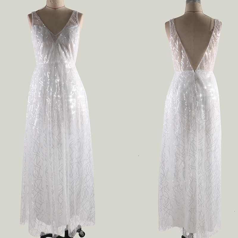 Женское блестящее платье длинное белое с блестками и открытой спинкой | Женская