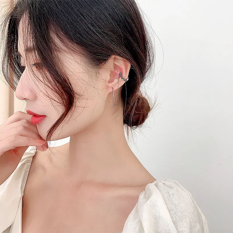 Серьги-каффы женские в виде зигзага с длинными цепочками