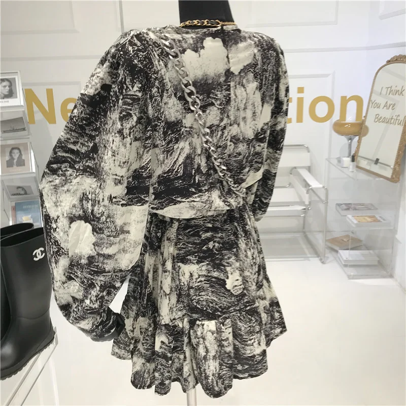 

Splash-Ink Dress Women's 2020 Autumn New Slim Retro Printed High Waist Long Sleeve Elegant Dressses Lantern Sleeve Knee-Length
