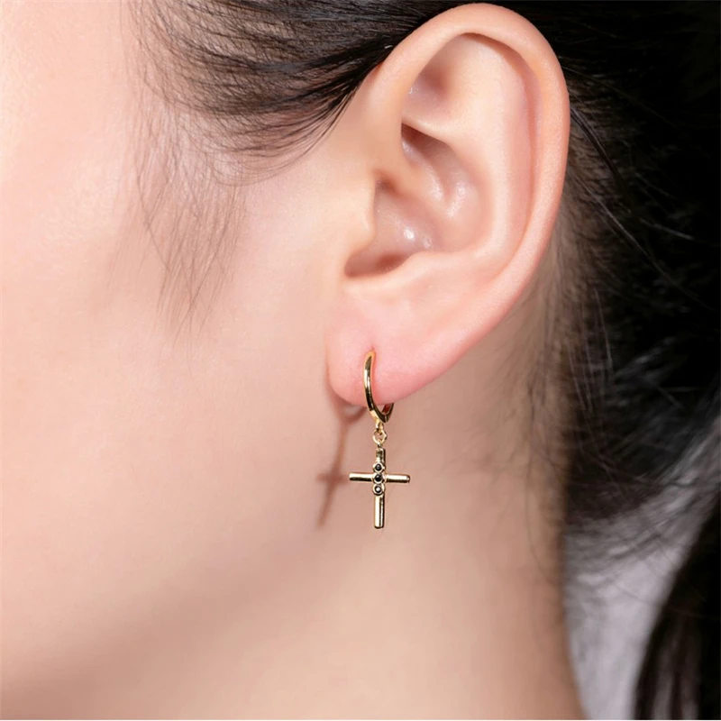 

Aide Real 100% 925 Sterling Silver Earrings for Women Geometric cross Dangling Earrings Cross Zircon Gold Silver Hoop Earrings