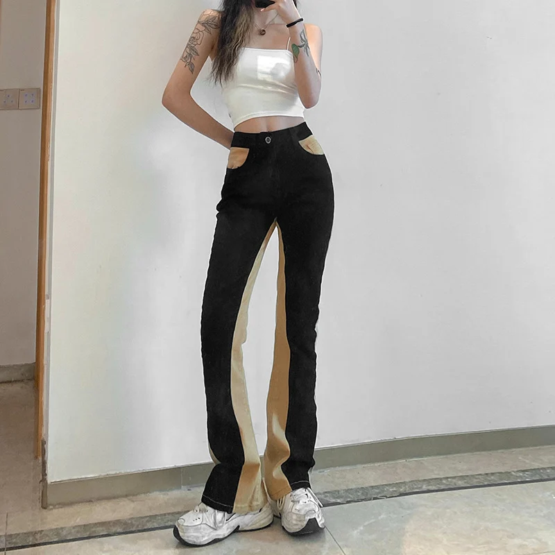 

Spring Autumn Fashion Slim Contrast Color Pockets Patchwork SML High Waist Pants Woven Woman Casual Flare Pants Girl Trousers