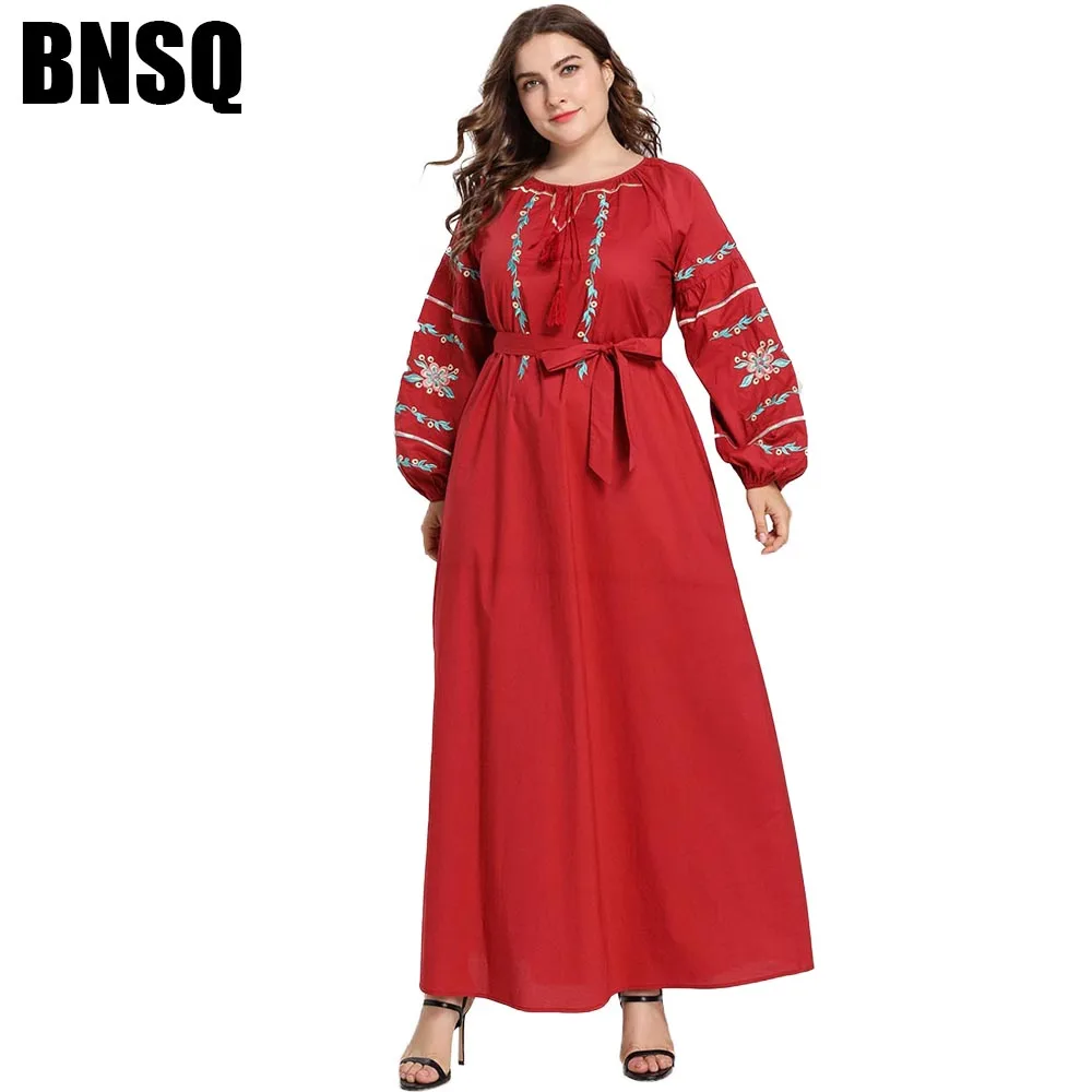 

BNSQ женское платье с цветочной вышивкой, элегантное красное платье с круглым вырезом, длинными рукавами-фонариками и бахромой, макси-платье, ...