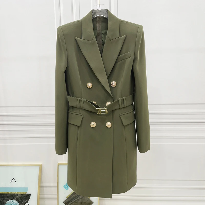 S-3XL High-quality New Pure Color Three Colors Lapel Double-breasted Belt Slim Long-sleeved Casual Commuter Women's Coat Dress
