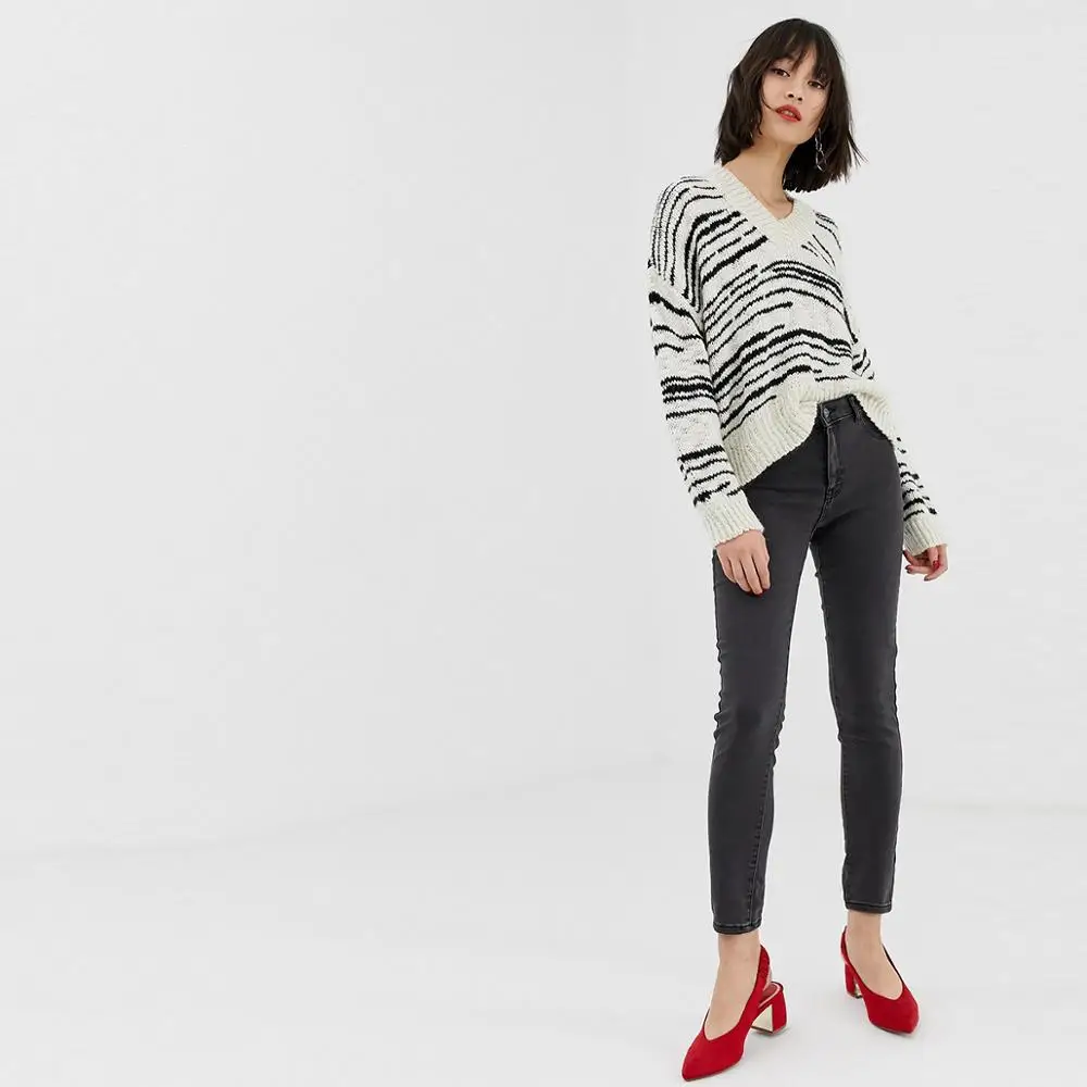 Personality Minimalism V-neck Falling Shoulder Irregular Stripes Knitting Loose Long Sleeve Autumn Women Sweater | Женская одежда