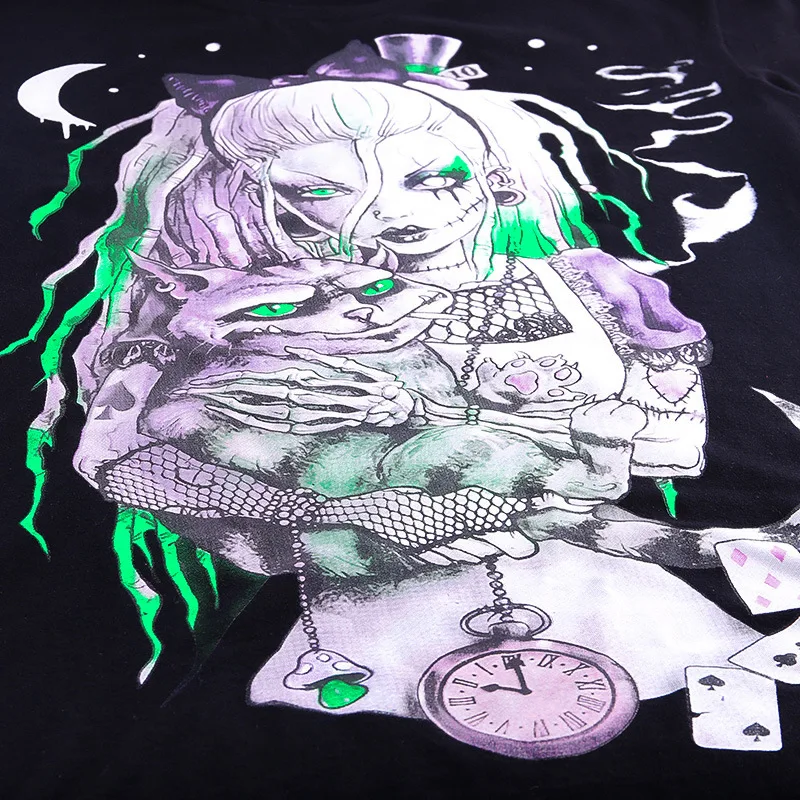 

Oversized Women Loose Black T-shirts Gothic Grunge Punk Harajuku Skull Peinted T-shirts Halloween Party Long Tops Female T-shirt