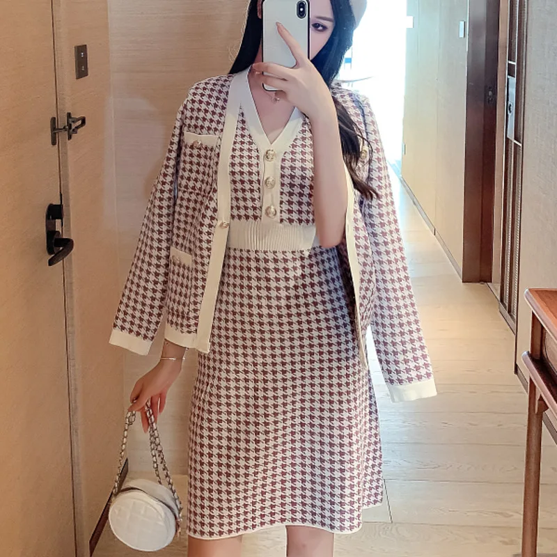 

New Autumn Winter Sweater Set Houndstooth Knitted 2 Piece Set Women Cardigan Jacket Coat + Vest Mini Dress Suits Two Piece Set