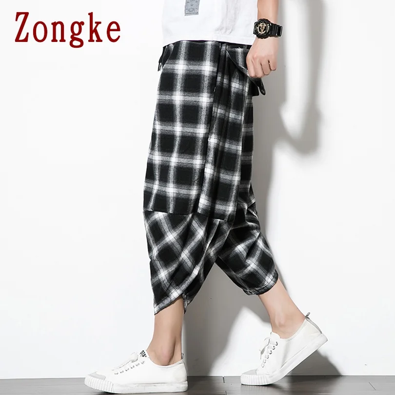 

Zongke Harajuku Plaid Pants Men Clothing Calf-Length Sweatpants Men Japanese Streetwear Men Pants M-5XL 2021 New Arrival