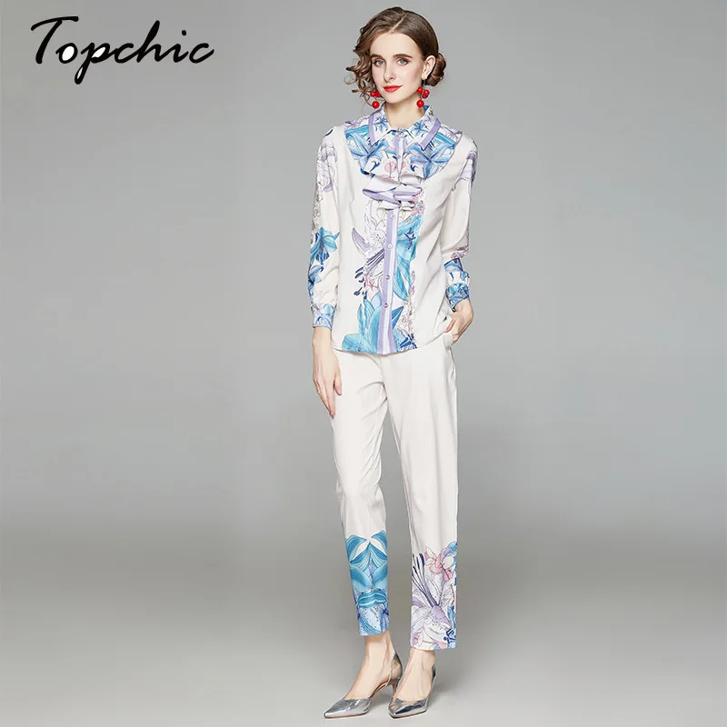 

Spring Autumn Two Piece Set Women Runway Designers Elegant Ruffles Printed Tops+pant Two Piece Outfits 2020