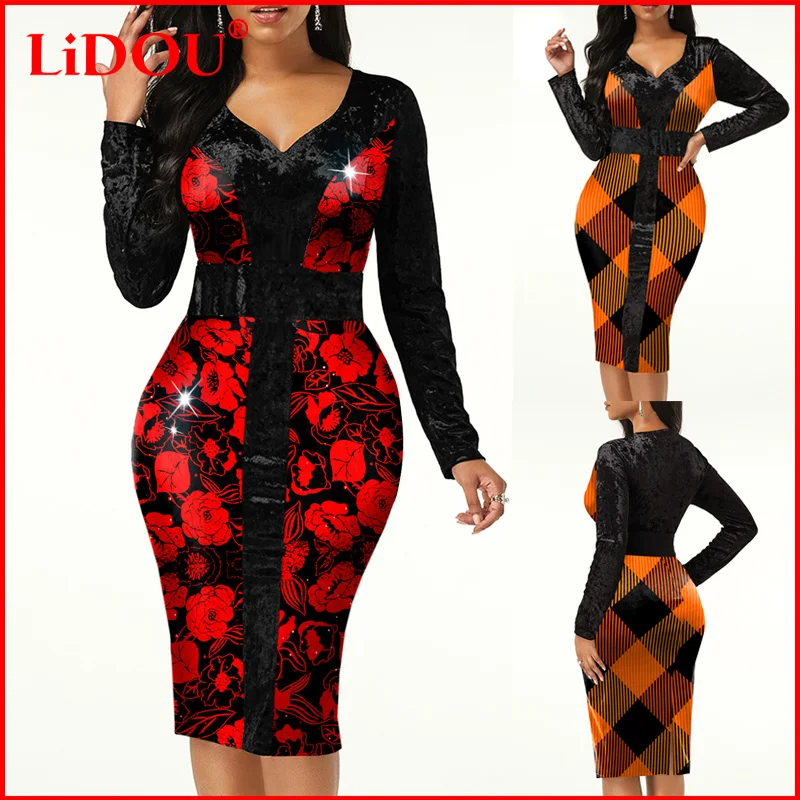 

Women V Neck Floral Print Patchwork Long Sleeve 2021 Autumn Elegant Female Bodycon Party Dress Vestido Package Hips Midi Dresses