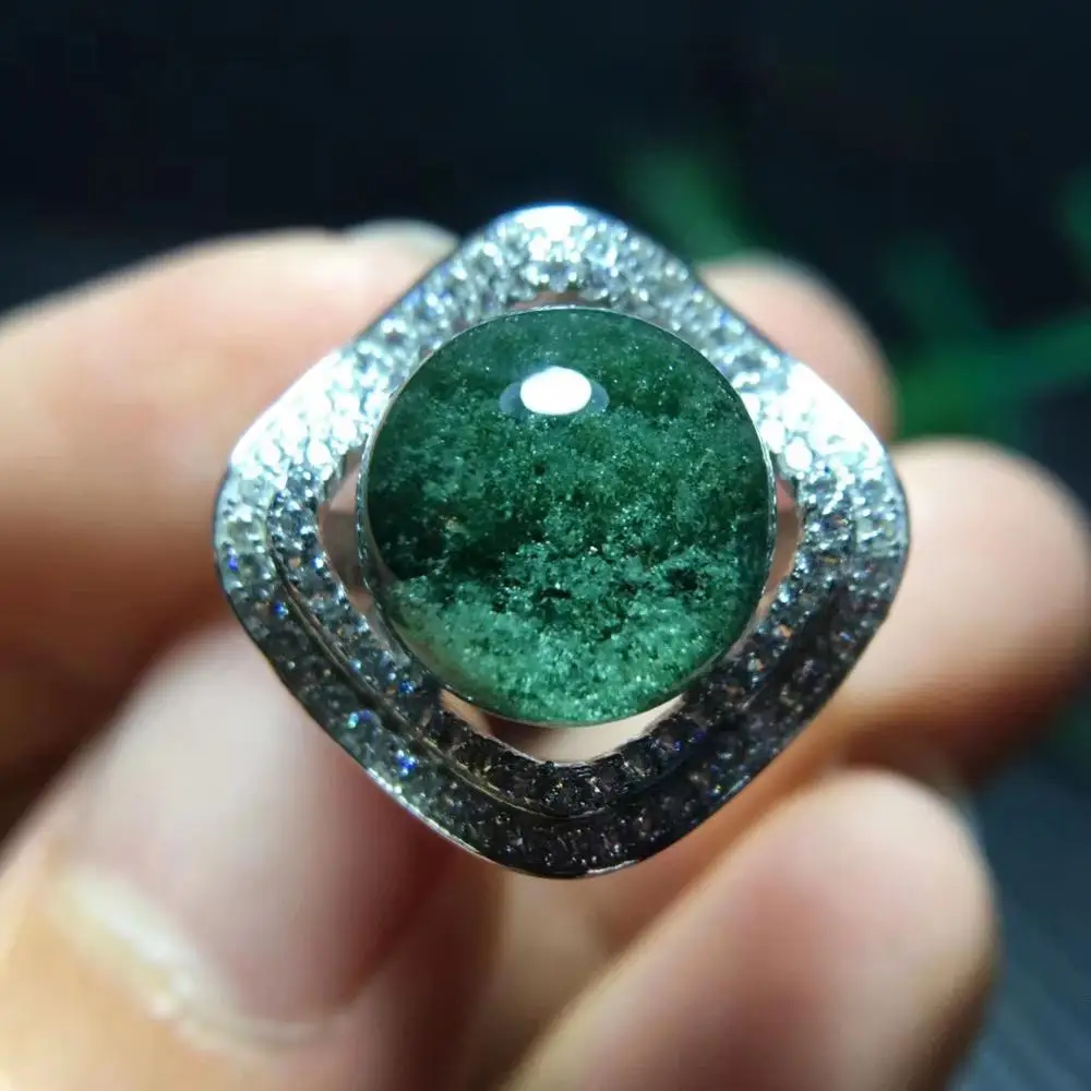 Натуральный зеленый фантомный кварцевый кристалл регулируемое кольцо серебро 925