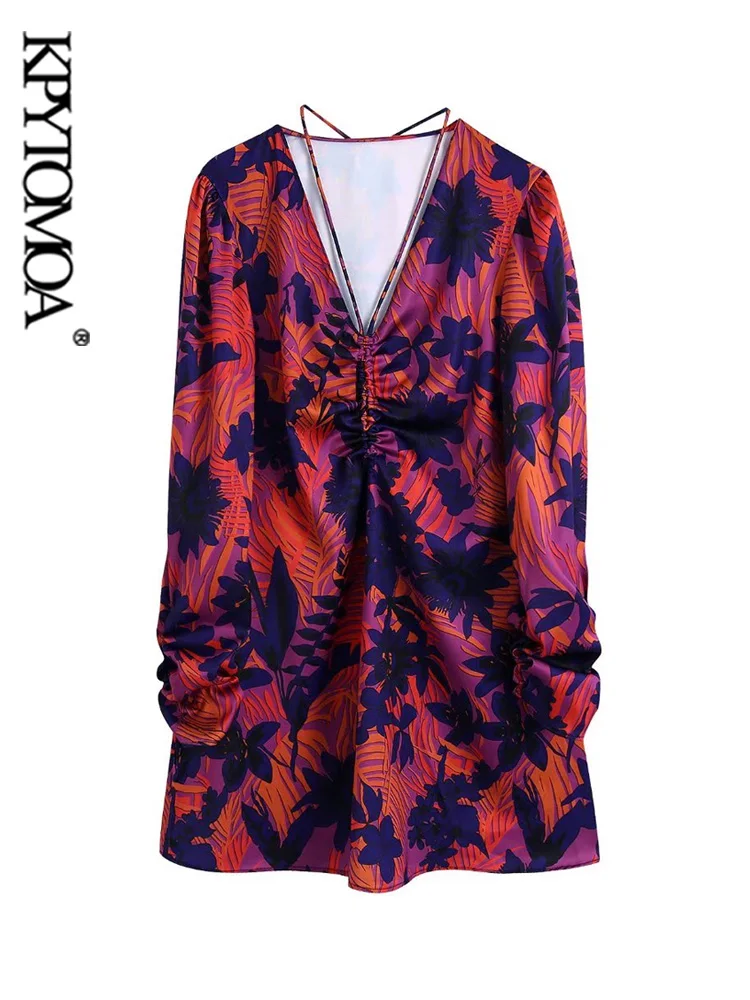 

KPYTOMOA Women Fashion With Tied Pleated Printed Mini Dress Vintage V Neck Long Sleeve Female Dresses Vestidos Mujer