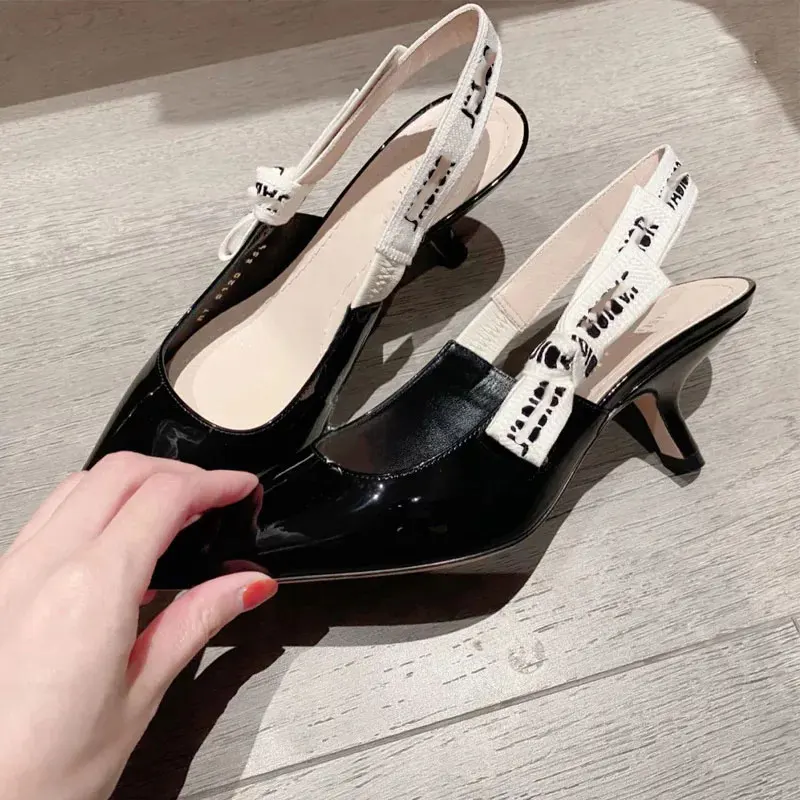 

2021 summer new style fashion patent leather pointed summer sandals women's knitted slingback low heels bow autumn high heels