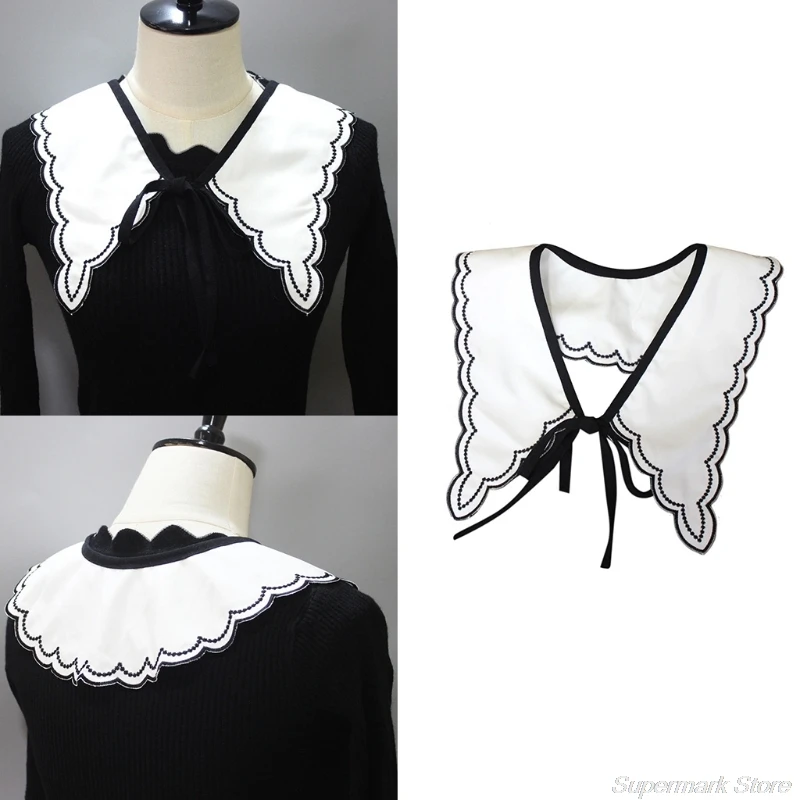 

Embroidery Scalloped Trim Fake Collar Big Shawl Wrap Lace-Up Bow Pointed Lapel Half Shirt Necklace Decorative Capelet M19 21