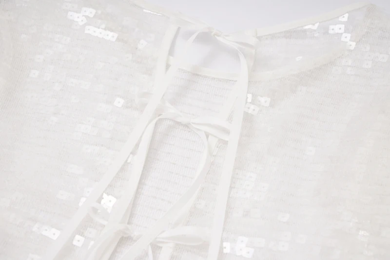 

[EAM] Women White Sequins Ruffles Temperament Dress New Round Neck Short Sleeve Loose Fit Fashion Spring Summer 2021 1DD9041