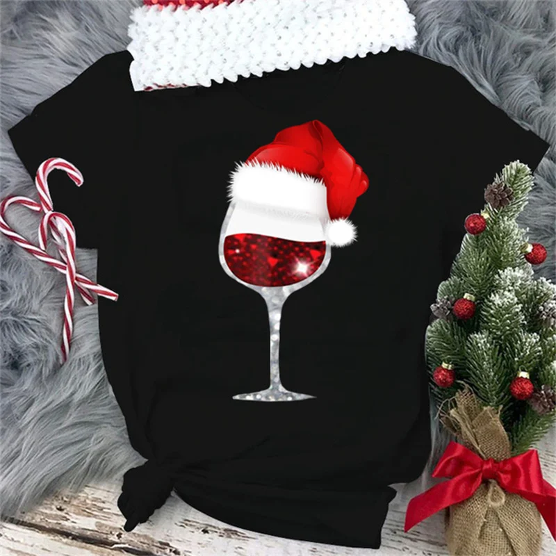 

Рождественская черная футболка, новинка, женская футболка с капюшоном, рождественские топы, женские Мультяшные Винные бокалы, графический ...