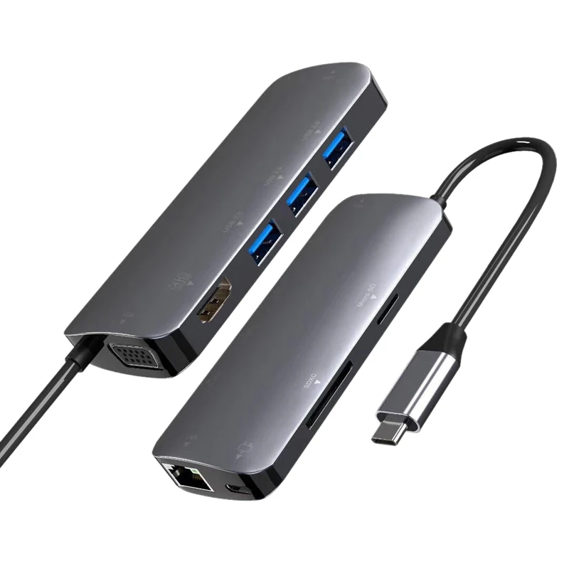 USB C концентратор 9 в 1 Тип адаптер с 4K HDMI 60 Гц VGA Гбит/с RJ45 Ethernet 3 портами (стандарт 0