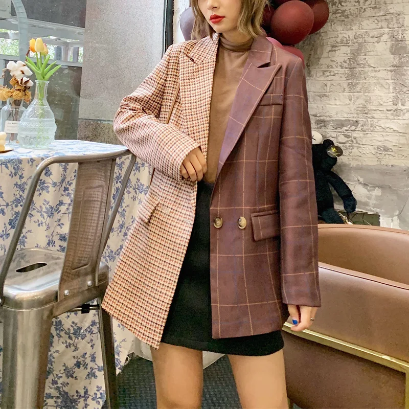 Весенний и осенний женский костюм повседневный клетчатый декоративный с
