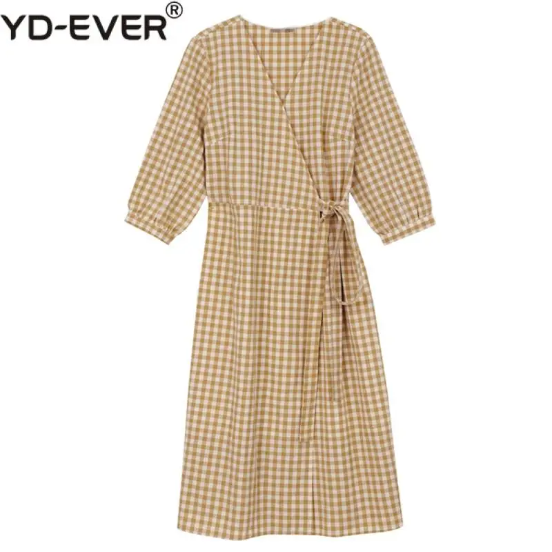 Женское платье миди в клетку винтажное из хлопка и льна с v образным вырезом Vestido