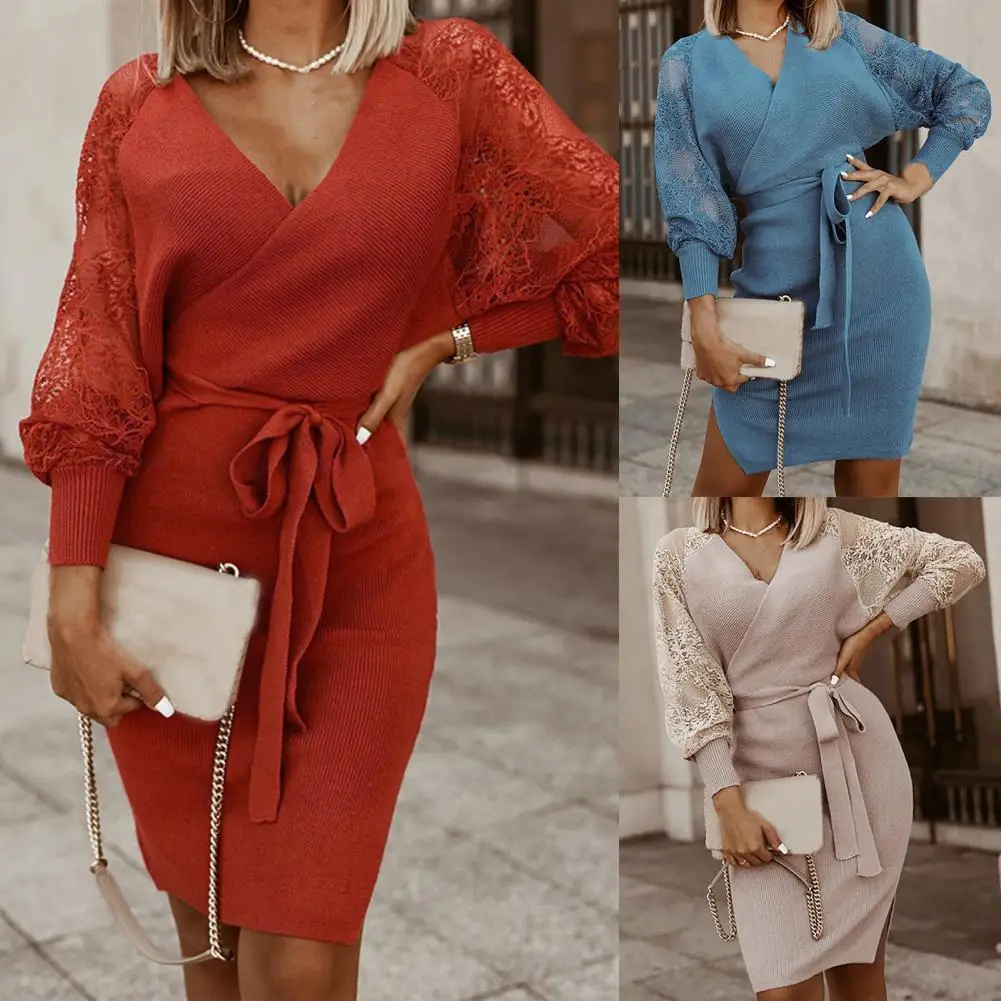 

2021 Fashion Women's Dress Dress Solid Color Lace Long Sleeve Polyester Lace Knitted Dress for Office Home Wear Women Clothing