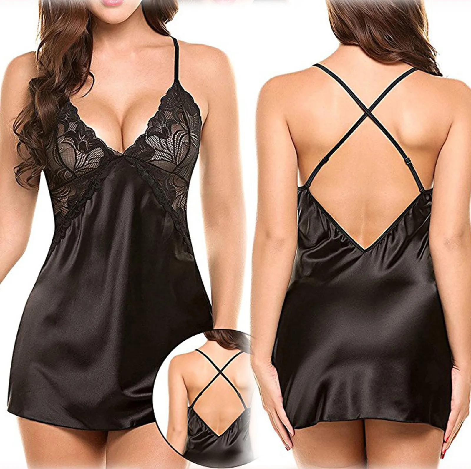 

Ladies 2021 Strap Lace Cutout Pajama Sexy Backless Tops Womens Gauze Nightwear Lingerie Clothing Pyjama Pour Femme