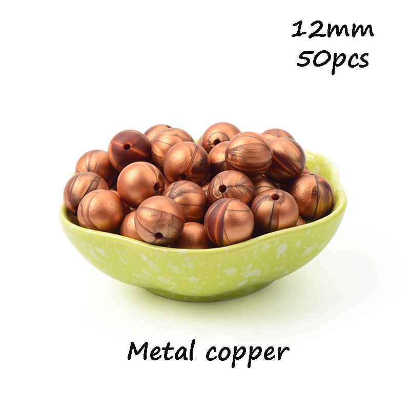 Metal copper LOFCA, 12 мм, 50 шт./лот, бусины из пищевого силикона, Прорезыватель для зубов, круглые бусины, Детская жевательная для прорезывания зубов, Силиконовые Прорезыватели для самостоятельного изготовления - Цвет: Metal copper