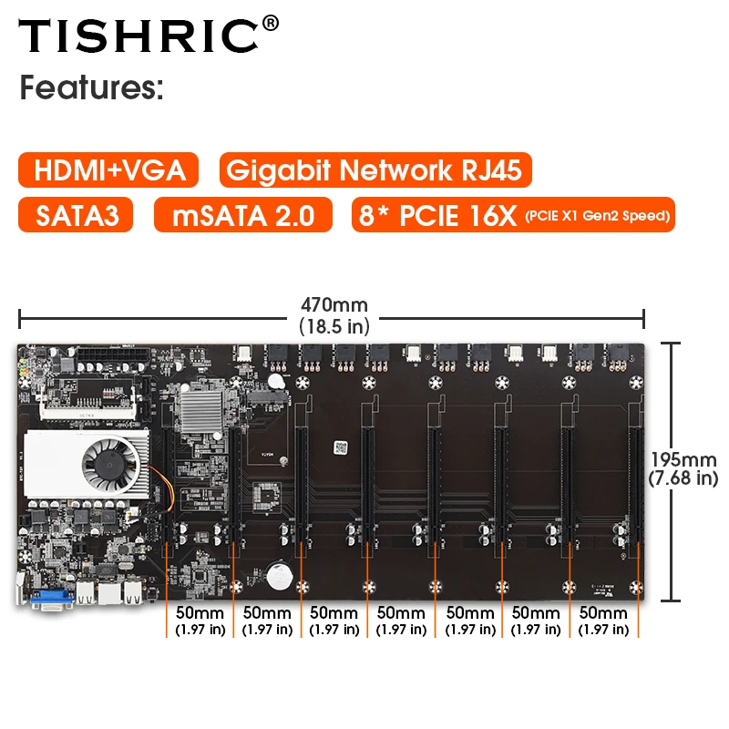 

TISHRIC BTC-T37 Mining Motherboard Support 1066/1333/1600MHz DDR3 8 GPU PCIE 16X Video Card Riserless Bitcoin Miner Motherboard