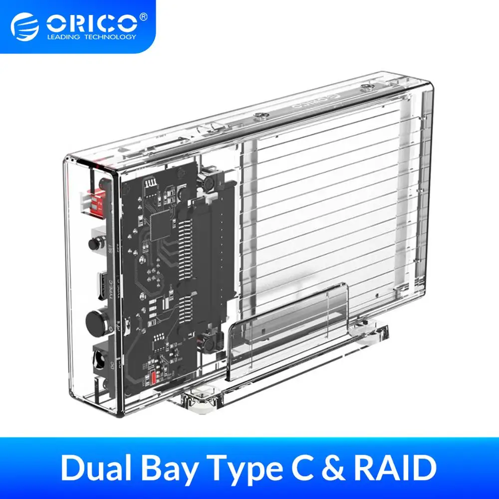 Чехол для жесткого диска ORICO 2 Bay 5 дюйма с функцией Raid Прозрачный чехол SATA на USB C